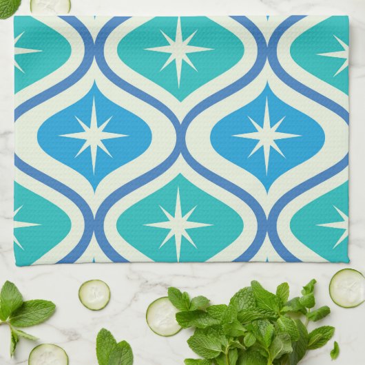Mid Century Retro Starbursts On Blue Ogee Pattern キッチンタオル (折り畳み)
