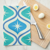 Mid Century Retro Starbursts On Blue Ogee Pattern キッチンタオル (四つ折り)
