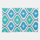 Mid Century Retro Starbursts On Blue Ogee Pattern キッチンタオル (横)
