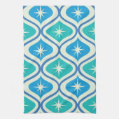 Mid Century Retro Starbursts On Blue Ogee Pattern キッチンタオル (縦)