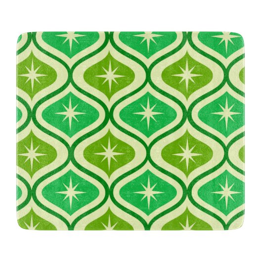 Mid Century Retro Starbursts On Green Ogee Pattern カッティングボード (正面)