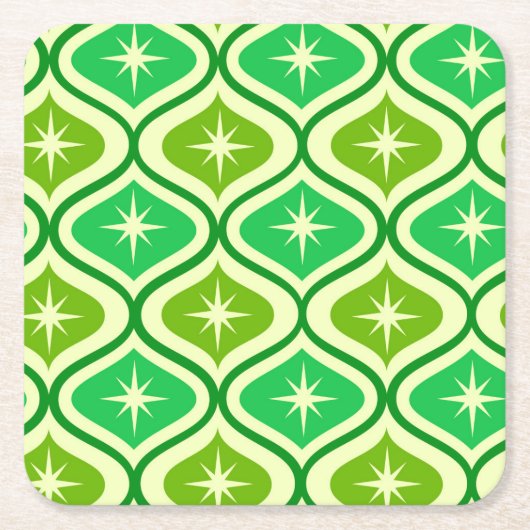 Mid Century Retro Starbursts On Green Ogee Pattern スクエアペーパーコースター (正面)