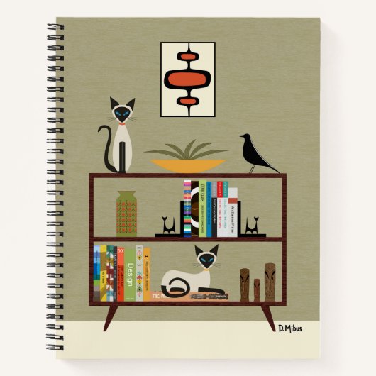 Mid Century Siamese Cat on Bookcase ノートブック (正面)