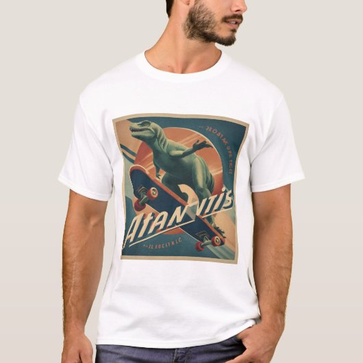 Mid-Century Skater Dinosaur – Retro Poster Tシャツ (正面)