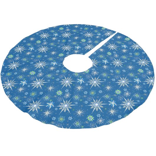 Mid-Century Snowflakes Galore On Blue ブラッシュドポリエステルツリースカート (アングル)