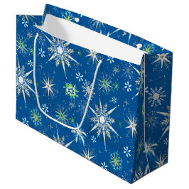 Mid-Century Snowflakes Galore On Blue ラージペーパーバッグ