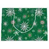 Mid-Century Snowflakes Galore On Green ラージペーパーバッグ (正面)