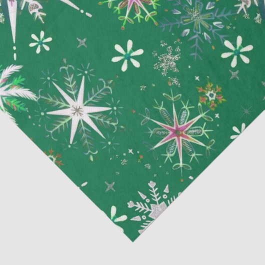 Mid-Century Snowflakes Galore On Green 薄葉紙 (詳細)