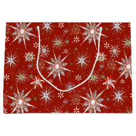 Mid-Century Snowflakes Galore On Red ラージペーパーバッグ