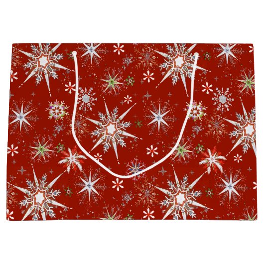 Mid-Century Snowflakes Galore On Red ラージペーパーバッグ (正面)