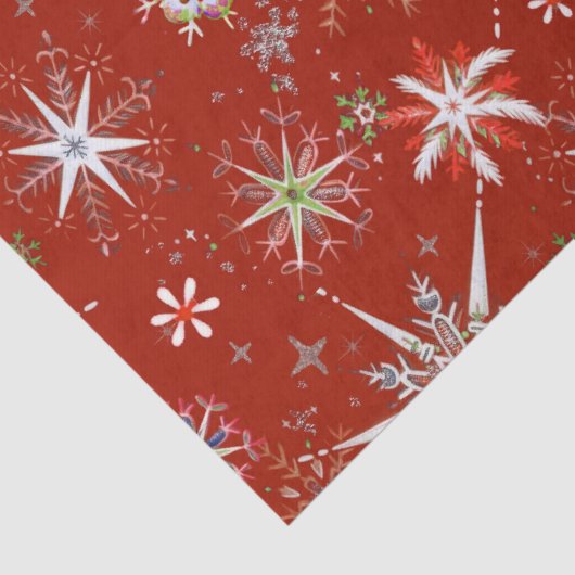 Mid-Century Snowflakes Galore On Red 薄葉紙 (詳細)