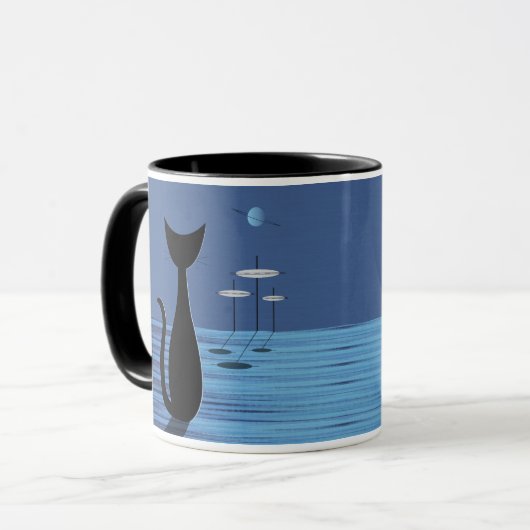 Mid Century Space Cat in Blue マグカップ (正面左)