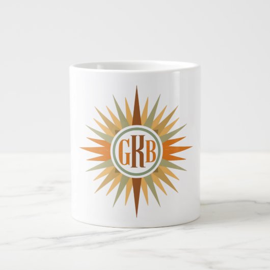 Mid-Century Starburst Monogram Personalized Retro ジャンボコーヒーマグカップ (正面)