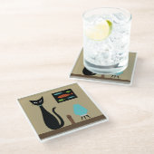 Mid Century Tabletop Cat with Retro Fish ガラスコースター (アングル)