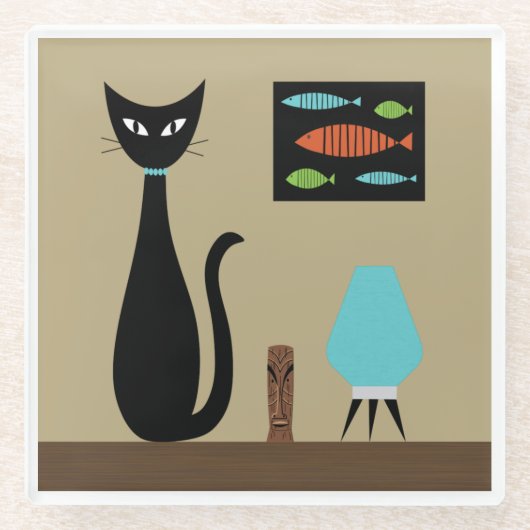 Mid Century Tabletop Cat with Retro Fish ガラスコースター (正面)