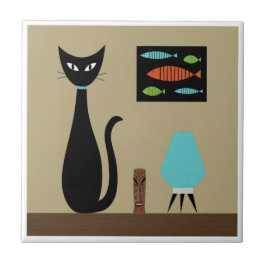 Mid Century Tabletop Cat with Retro Fish タイル