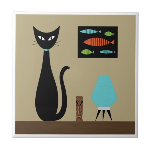 Mid Century Tabletop Cat with Retro Fish タイル (正面)