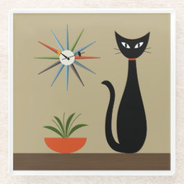 Mid Century Tabletop Cat with Starburst Clock ガラスコースター