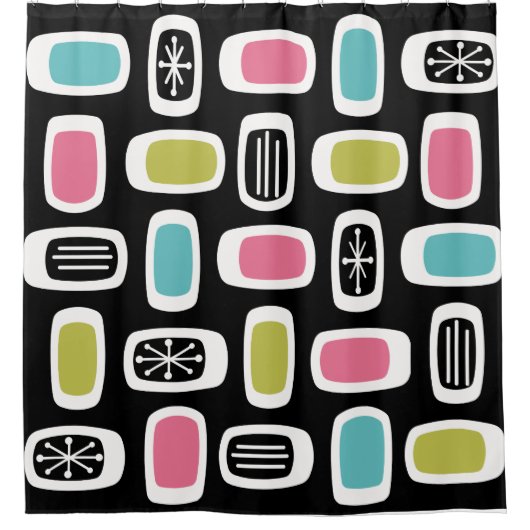 Midcentury MCM丸長方形ブラックカラフル シャワーカーテン (正面)
