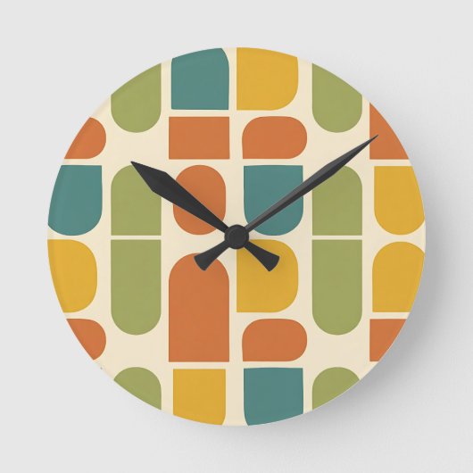 Midcentury Modern Organic Shapes Pattern ラウンド壁時計 (正面)