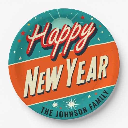 Midcentury Modern Style Happy New Year ペーパープレート (正面)