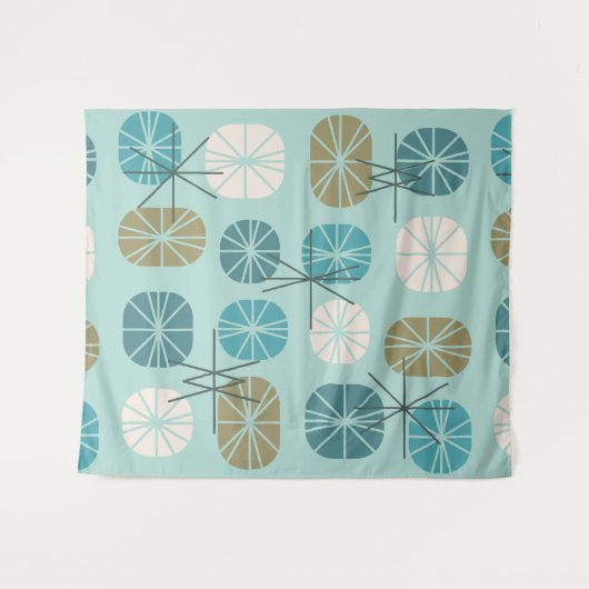 Midcentury Pattern Oblongs Aquamarine Gold タペストリー (正面(横))