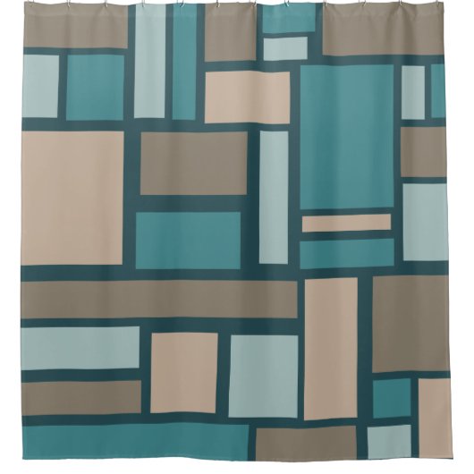 Midcentury Rectanglesパターンティール(緑がかった色)と金ゴールド シャワーカーテン (正面)