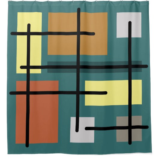 Midcentury Rectangles四角形ティール(緑がかった色)数々のカラー シャワーカーテン (正面)