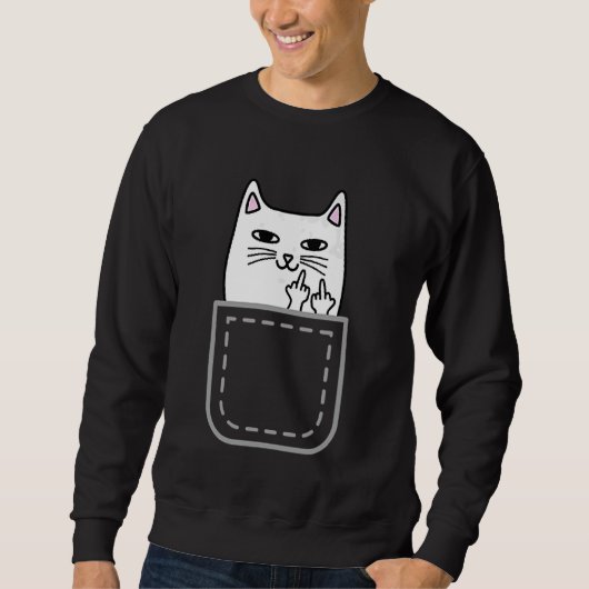 Middle Finger Cat Pocket Funny Cartoon Cat White P スウェットシャツ (正面)