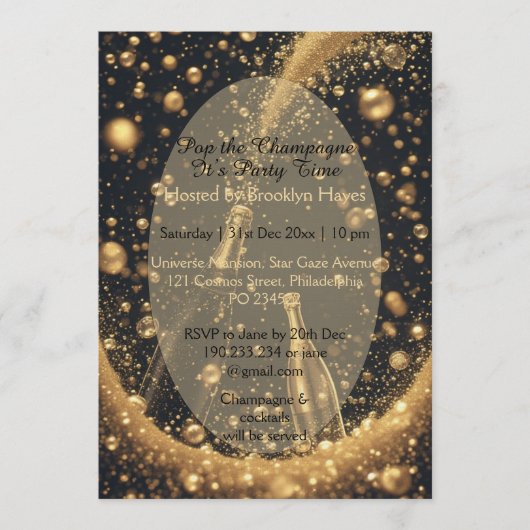 Midnight Black Gold Champagne Dreams New Year's   招待状 (正面)