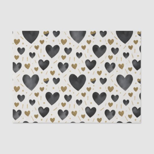 Midnight Black & Gold Glitter Watercolor Hearts 薄葉紙 (正面)