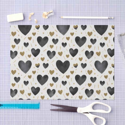 Midnight Black & Gold Glitter Watercolor Hearts 薄葉紙 (クラフト)