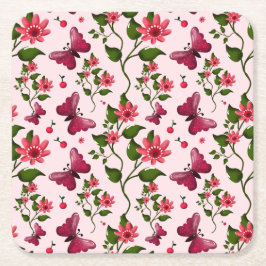 Midnight Bloom Butterfly Floral スクエアペーパーコースター