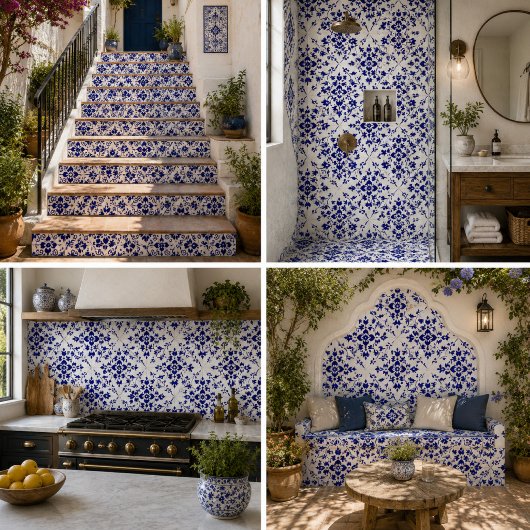 Midnight Bloom Classic Blue Floral Mosaic タイル