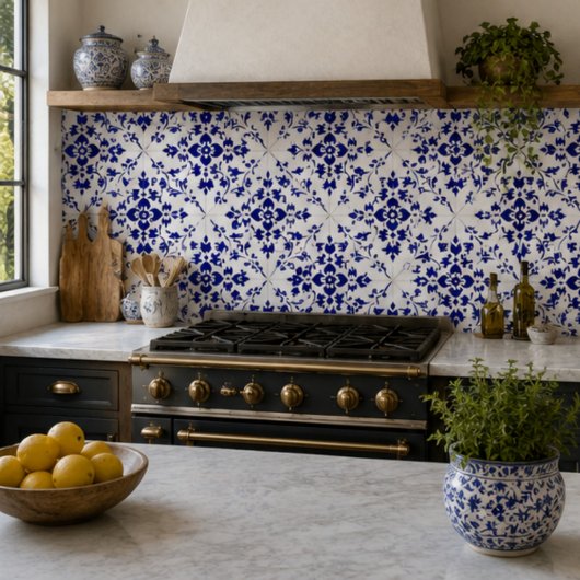 Midnight Bloom Classic Blue Floral Mosaic タイル