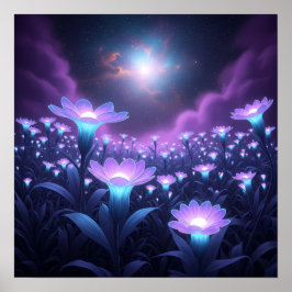 Midnight Bloom Field under Glowing Cosmic Sky ポスター