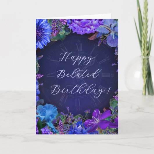 Midnight Blue Floral Belated Birthday Card カード (正面)