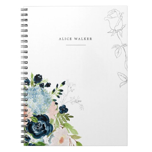 Midnight Blue Floral Blush Stationery Note Card ノートブック (正面)