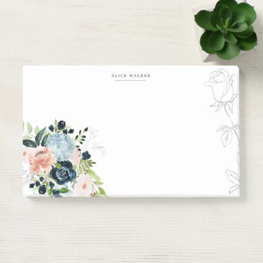 Midnight Blue Floral Blush Stationery Note Card ポストイット (オフィス)