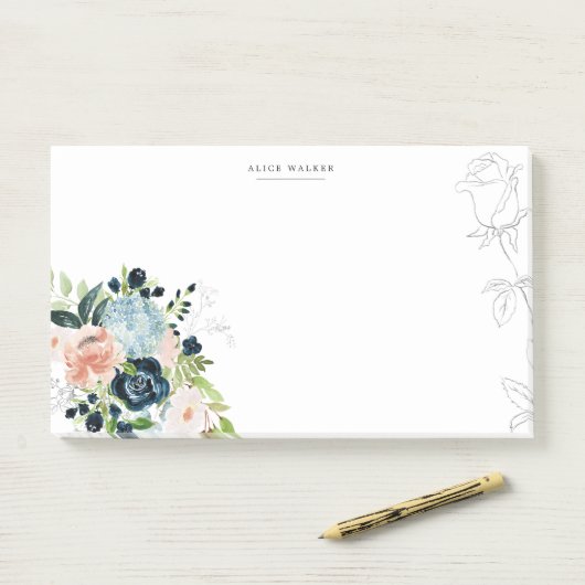 Midnight Blue Floral Blush Stationery Note Card ポストイット (デスク)