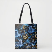 Midnight Blue Gold Ghosts & Pumpkins Halloween Tot トートバッグ (正面)