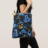 Midnight Blue Gold Ghosts & Pumpkins Halloween Tot トートバッグ (クローズアップ)