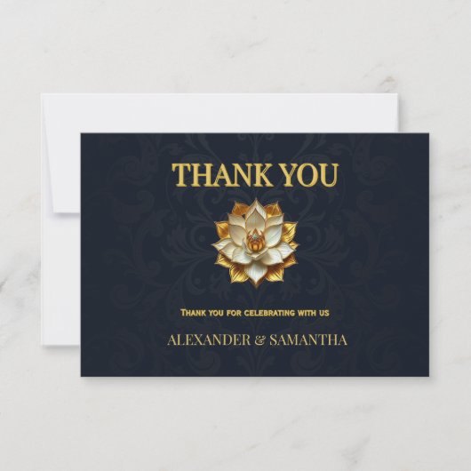 Midnight Blue Gold Lotus Wedding Thank You Card 出欠カード (正面)