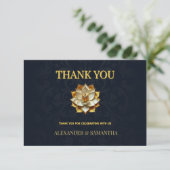 Midnight Blue Gold Lotus Wedding Thank You Card 出欠カード (スタンド正面)