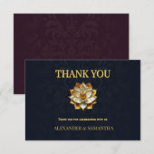 Midnight Blue Gold Lotus Wedding Thank You Card 出欠カード (正面/裏面)