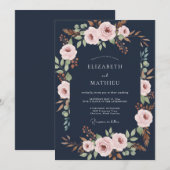 Midnight Blue Sophisticated Botanical Wedding 招待状 (正面/裏面)