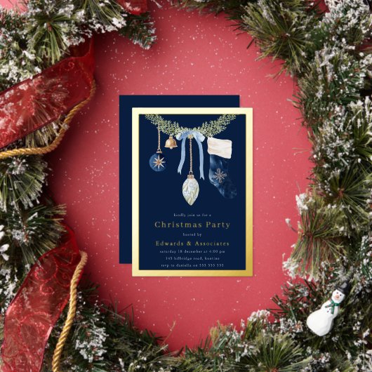 Midnight Blue Stocking Christmas Party Gold 箔招待状 (インサイチュ)