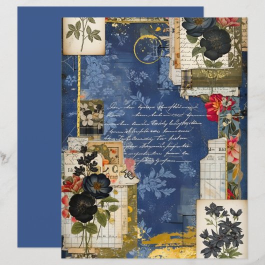 Midnight Blue Vintage Floral Scrapbook Paper (正面/裏面)