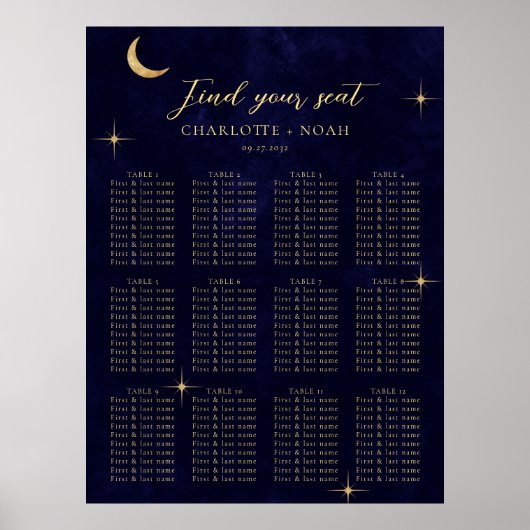 Midnight Celestial Gold Moon Wedding Seating Chart ポスター (正面)