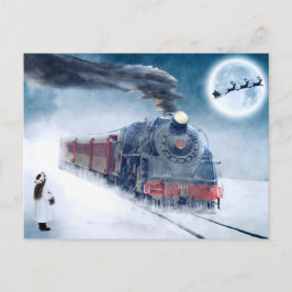 Midnight Christmas Train with Girl and Santa シーズンポストカード